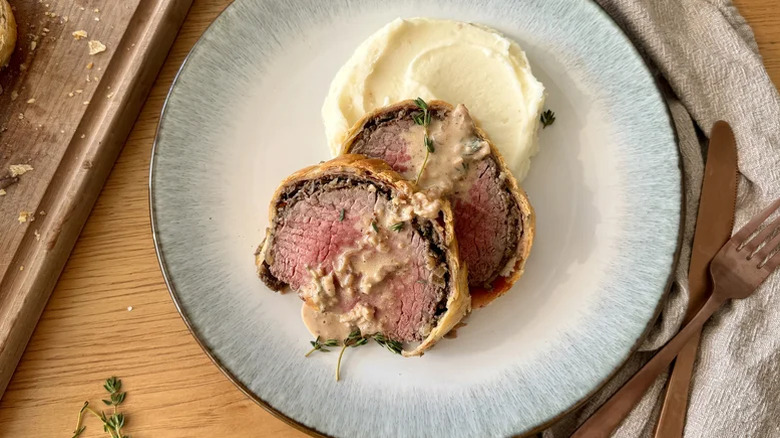 Beef Wellington on a plate.