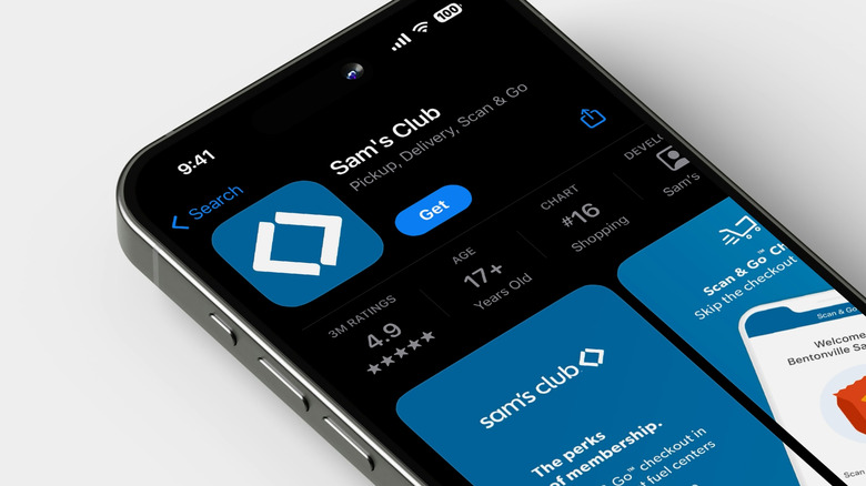 A phone showing the Sam's Club app in the Apple app store
