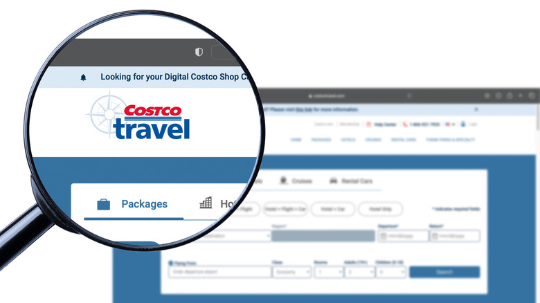 A magnifying glass hovers over the Costco Travel webpage
