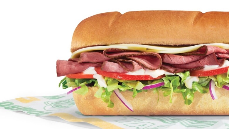 Close-up of Subway roast beef sandwich
