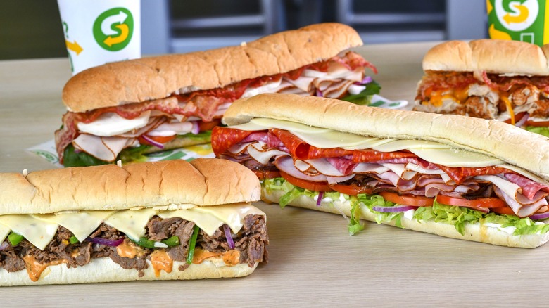 Lineup of Subway fast food sub sandwiches