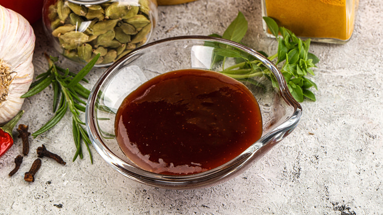 Glass bowl of tonkatsu sauce