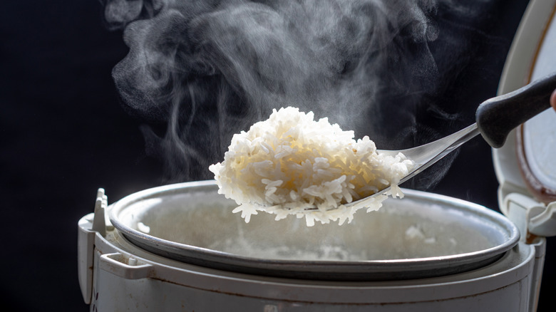 Spoon scooping rice from rice cooker