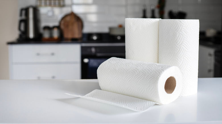 Rolls of paper towels on a white marble countertop.