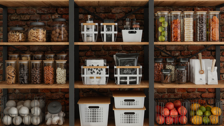 Organized pantry shelves and containers