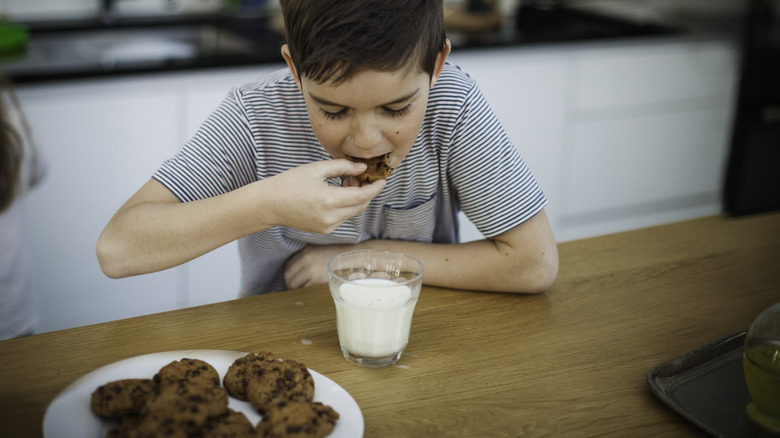 A child enjoying chocolate chip cookies and milk.