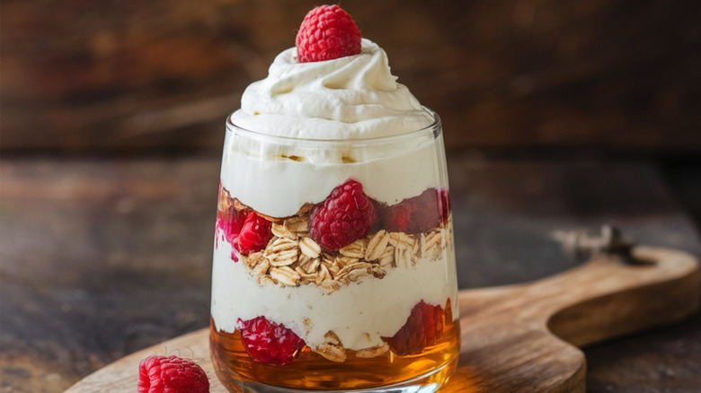 A Scottish dessert made with layers of whipped cream, toasted oats, honey, fresh raspberries, and a hint of whisky.