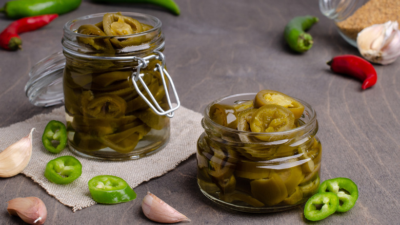 Jars of pickled jalapeños