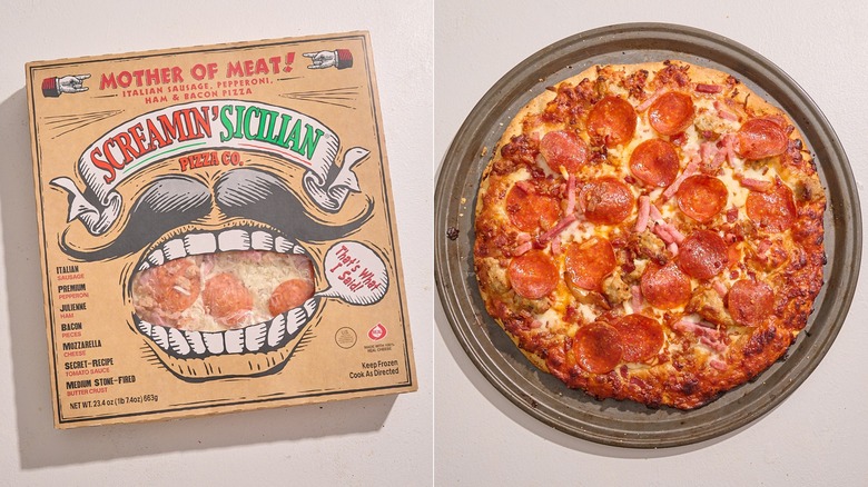 A meat lovers pizza in a box next to the baked pizza
