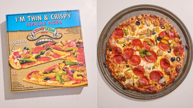 A Supreme Thin and Crispy crust pizza in a box next to the baked pizza