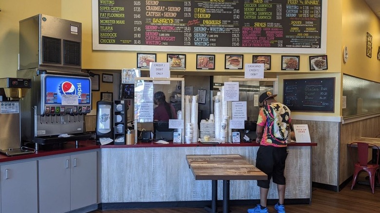 Interior menu at a Skrimp Shack restaurant