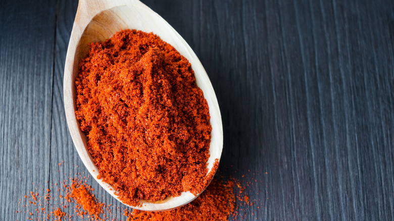 Smoked paprika seasoning on a wooden spoon.