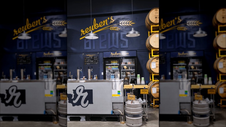 The back tasting room with aging barrels at Reuben's Brews in the Ballard brewery district of Seattle.