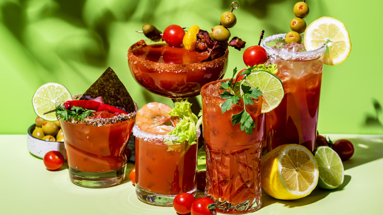 Bloody Marys served in different glassware varieties with assorted garnishes illustrate their versatility.