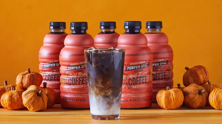 A glass of cold brew made using TJ's pumpkin cold brew concentrate