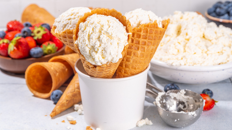Vanilla ice cream in waffle cones