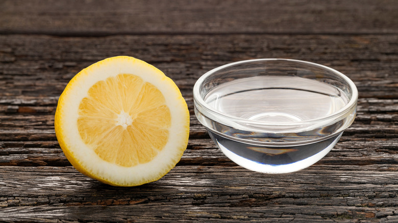 A halved lemon sits beside a small bowl of white vinegar.
