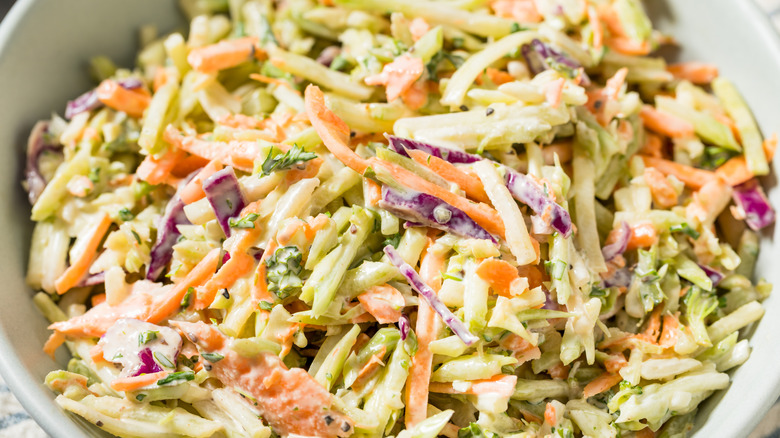 shredded cabbage and veggies in a bowl of coleslaw