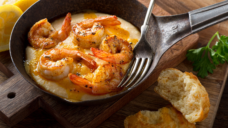 Shrimp and grits in a cast iron pan
