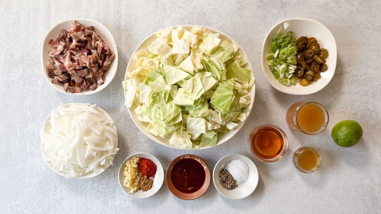 Skillet cowboy cabbage ingredients on countertop