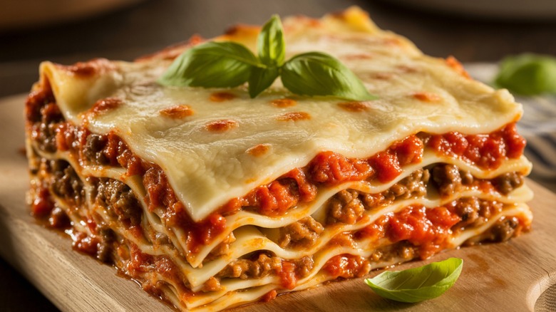 A drool-worthy lasagna on a wooden board, visibly layered with tomato sauce and meat, finished with fresh garnish