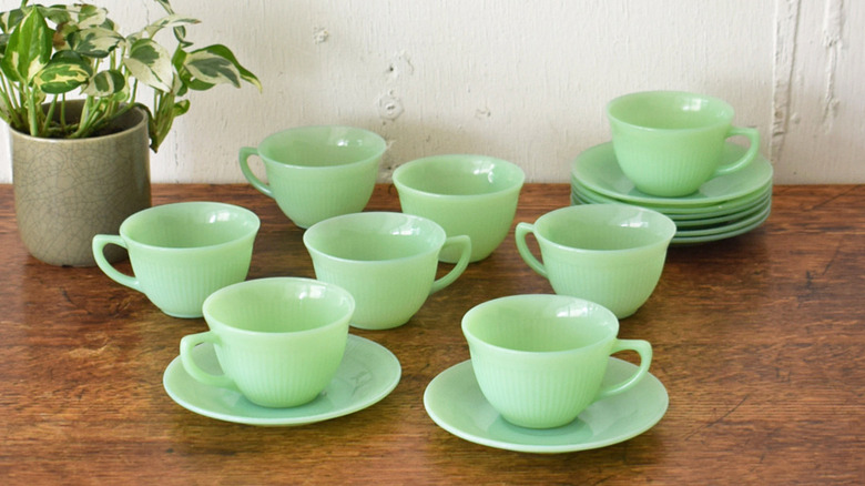 A set of Fire-King Jadeite teacups and saucers