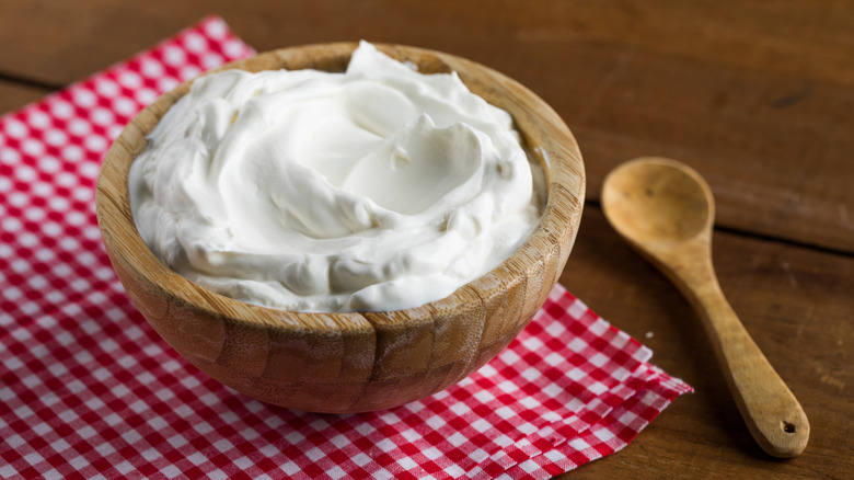 Bowl of Greek on gingham napkin