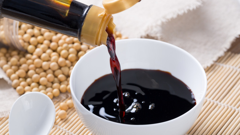 Soy sauce poured into a bowl