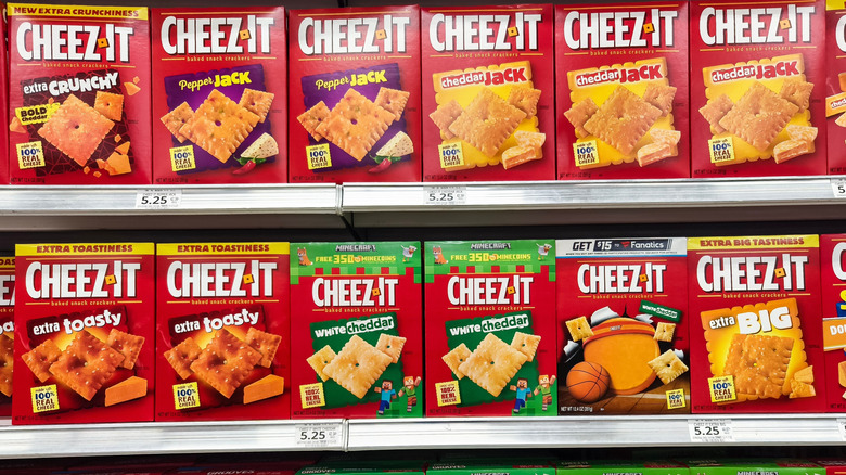 Boxes of different varieties of Cheez-Its on a grocery store shelf