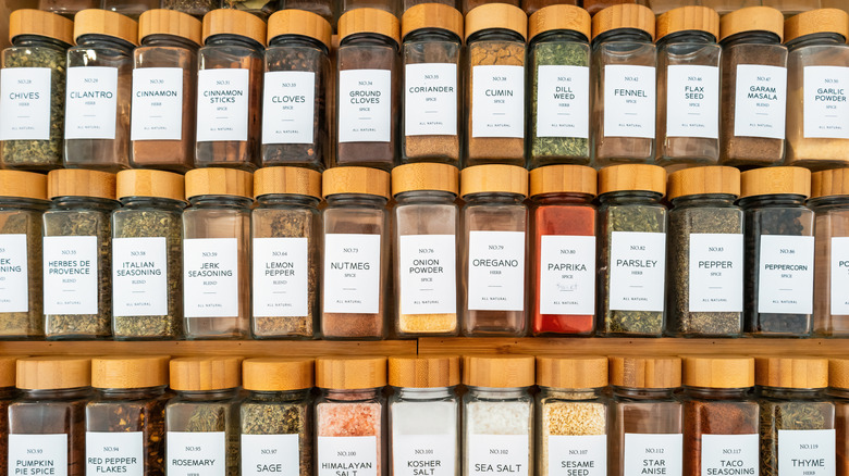 Above view of the inside of a spice drawer.