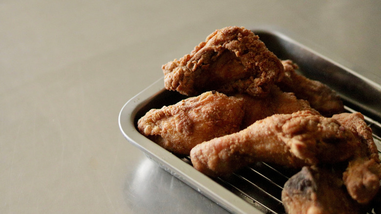 Fried chicken on a toaster oven tray