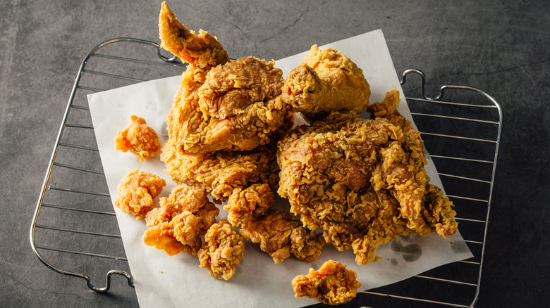 Fried chicken on a baking rack