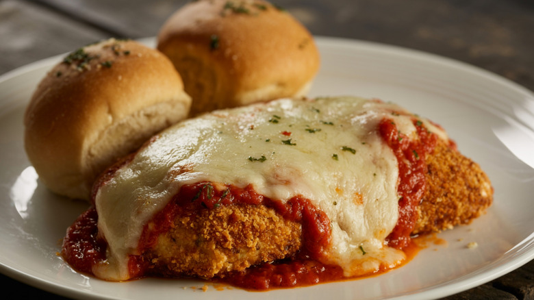 Chicken Parmesan on a plate with garlic rolls on the side.