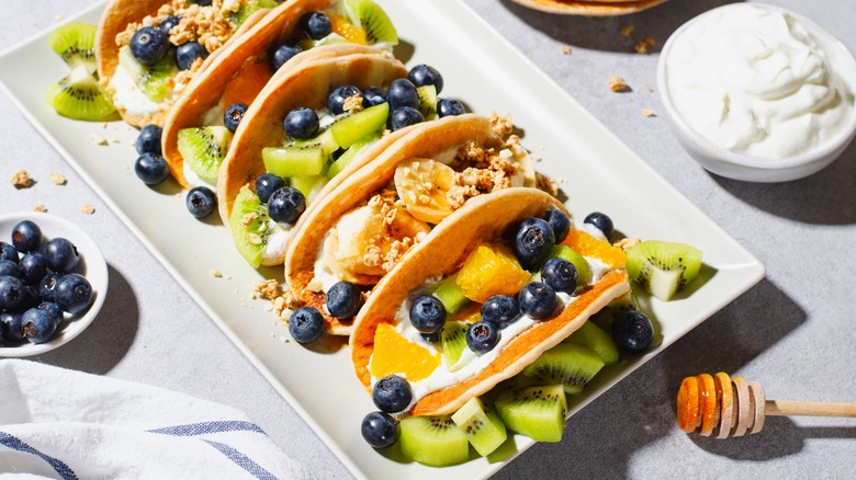 Pancake tacos with fruit and yogurt