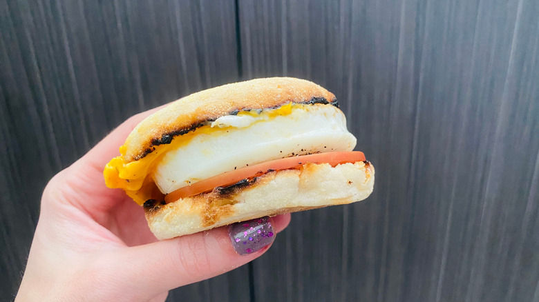 Hand holding a Mcdonald's Egg McMuffin.