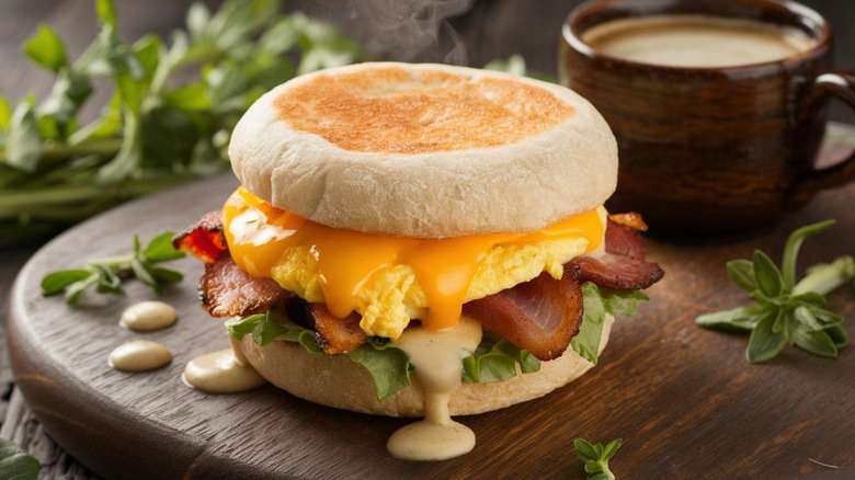 Hearty breakfast sandwich in an English muffin.
