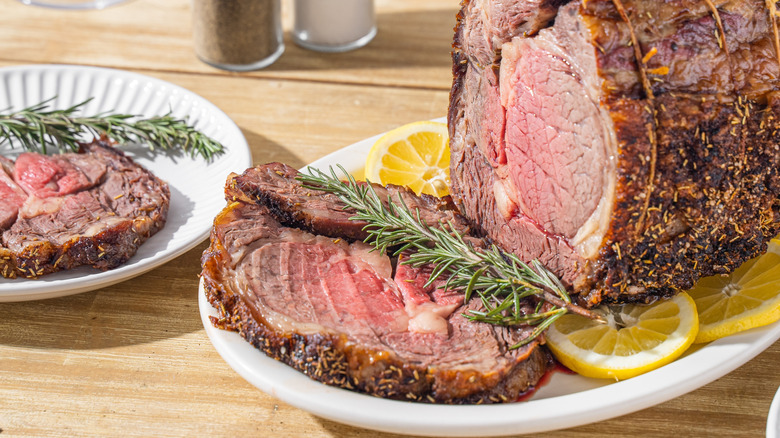 Roasted prime rib with rosemary and lemon.