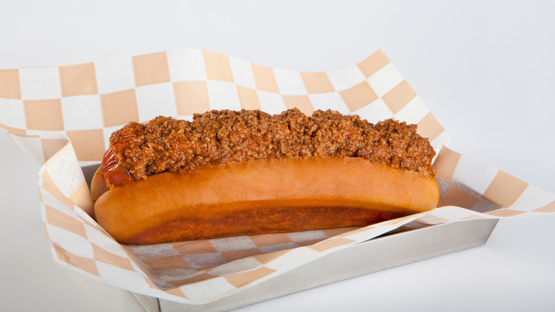 Close-up photo of hot dog topped with sloppy Joe mix