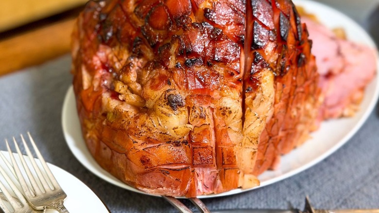 Back view of slow cooker Easter ham with apricot and Kahlua