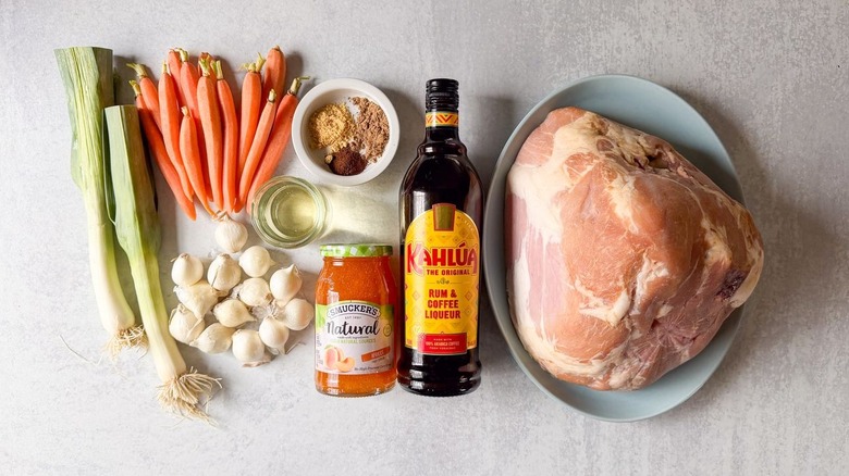 Slow cooker Easter ham with apricot and Kahlua ingredients on countertop