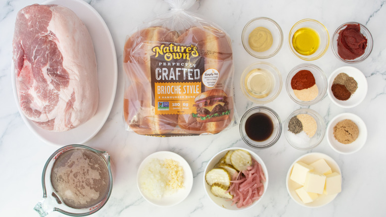 Assorted ingredients for making pulled pork sandwiches