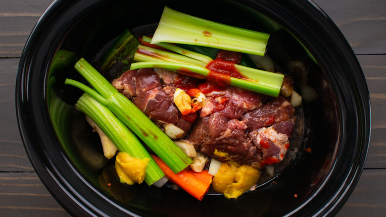 Vegetables and meat in slow cooker