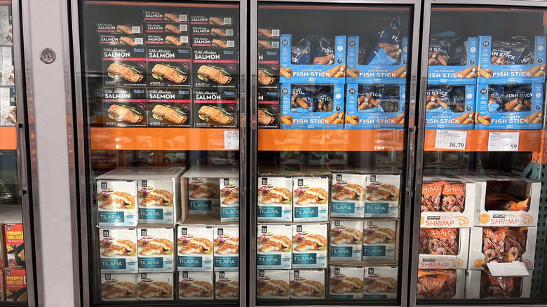 Frozen seafood on display inside a freezer at a Costco warehouse chain