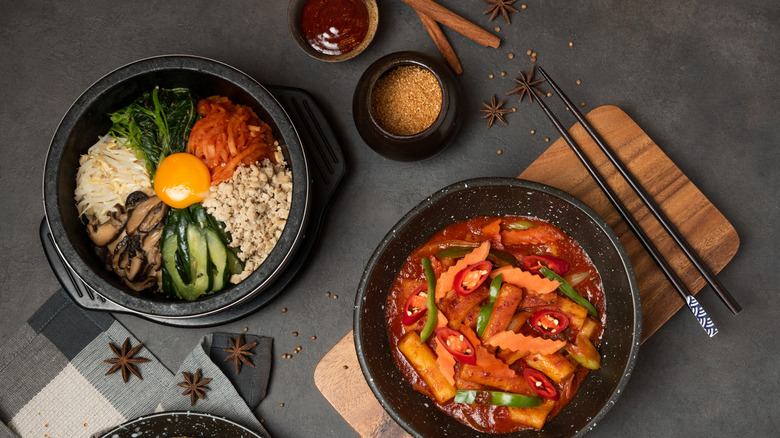 Korean food on a gray surface.