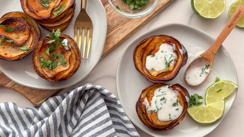 potato stacks on plates
