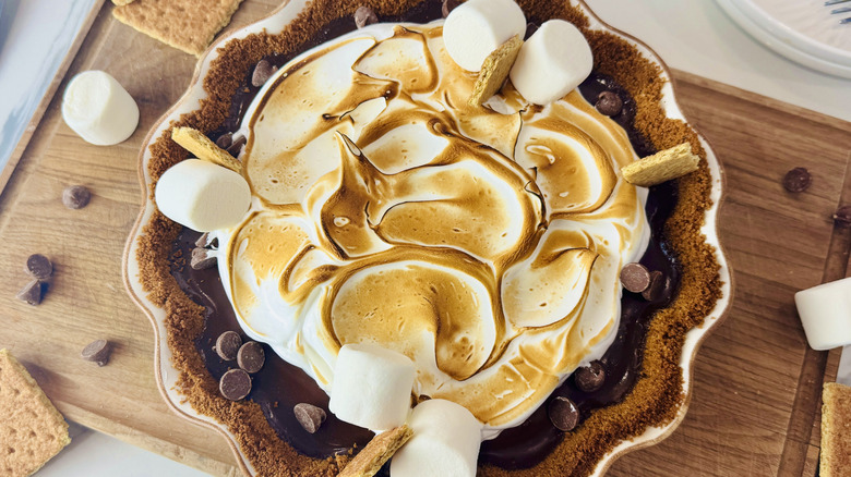 S'mores pie on wooden board
