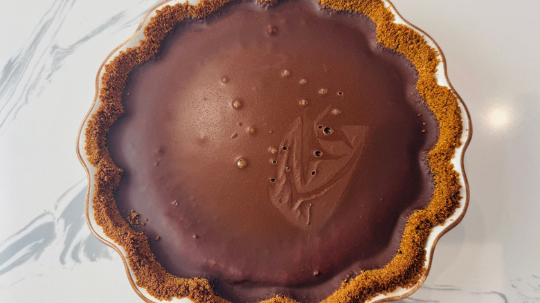 Chocolate pie on countertop