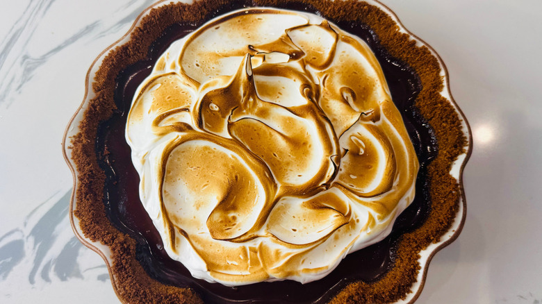 Chocolate pie with toasted meringue topping