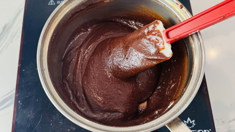 Brownie batter in saucepan