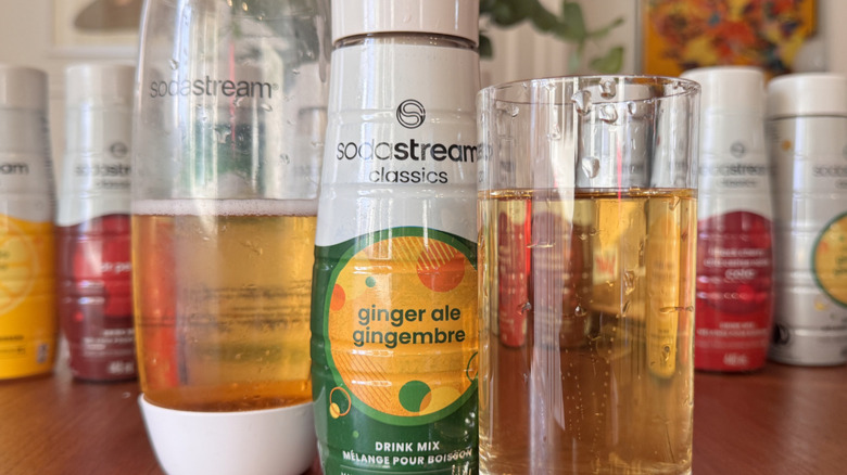 A SodaStream bottle, a syrup bottle and an orange soda glass